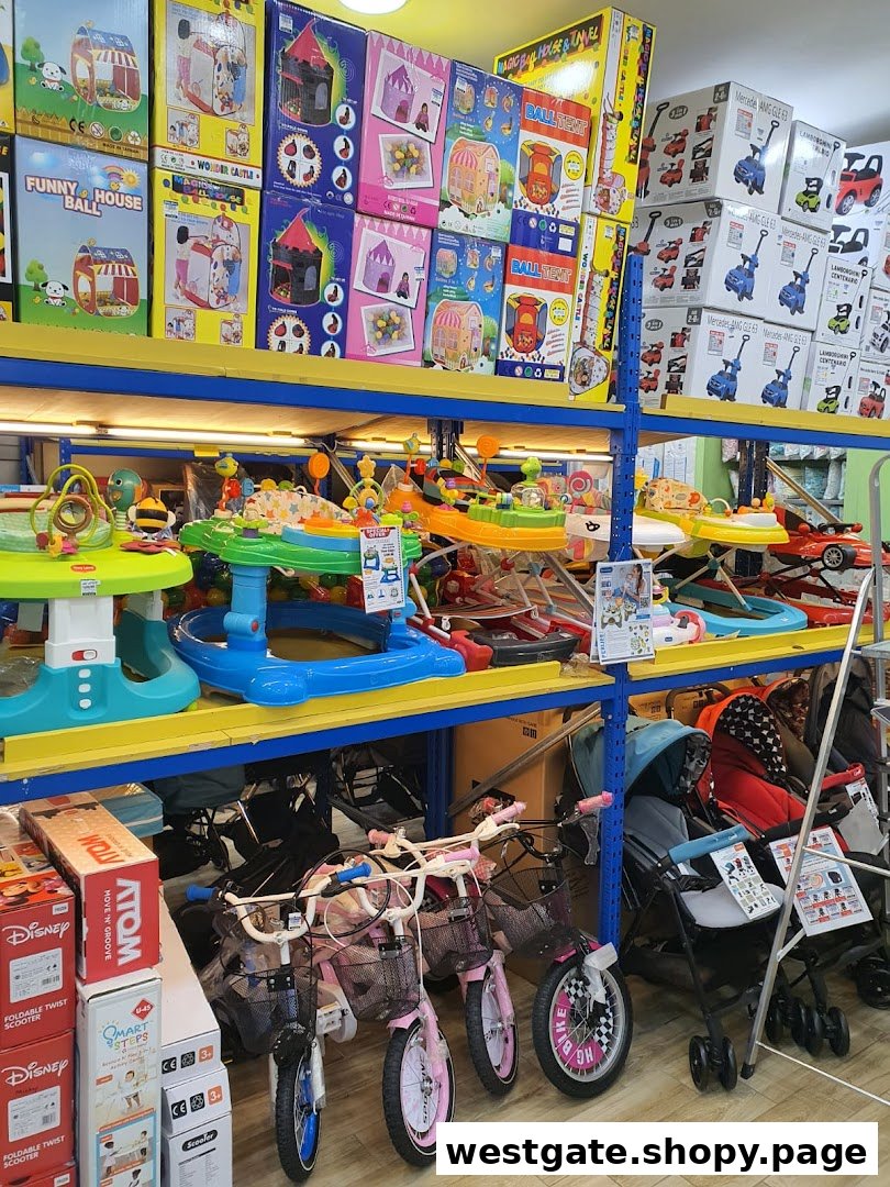 Shelves filled with children's playhouses, walkers, strollers, and bicycles at Kiddy Palace.