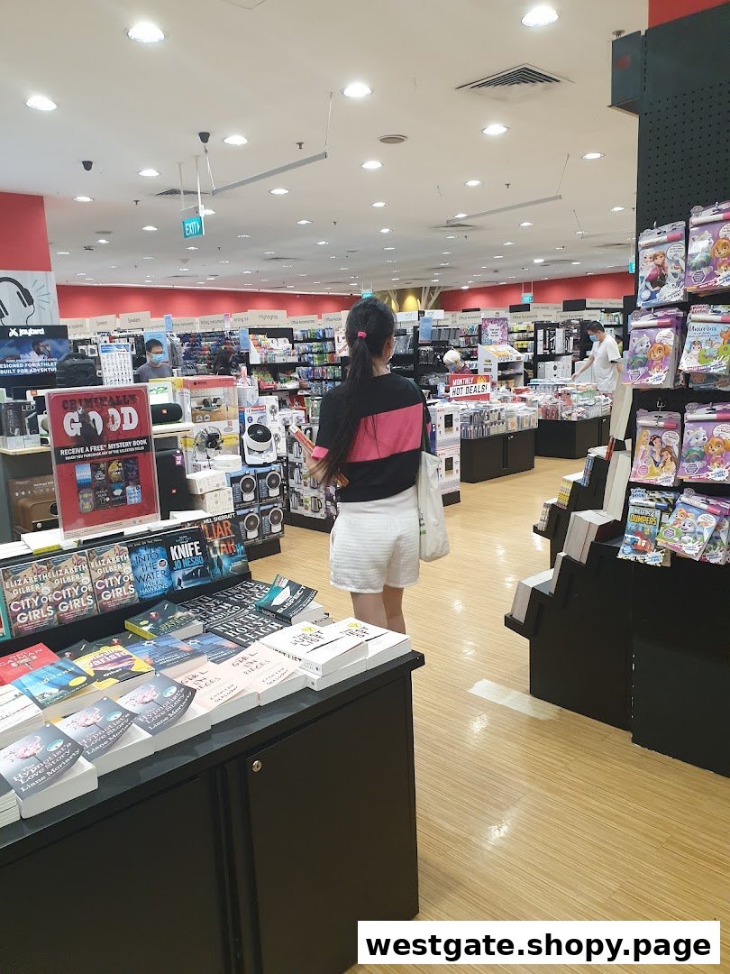 Shopper browsing diverse products including books, electronics, and children's items in a brightly lit store.