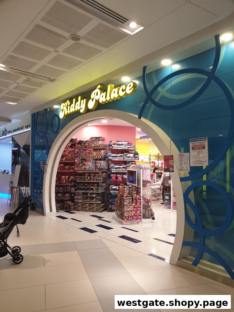 The vibrant entrance of Kiddy Palace, a children's toy and apparel store.