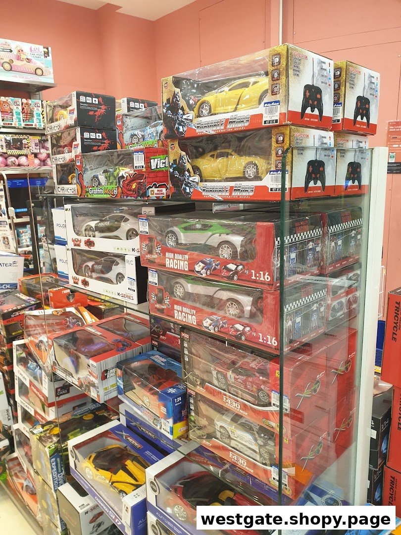 A vibrant display of remote control and model cars on shelves inside a toy store.