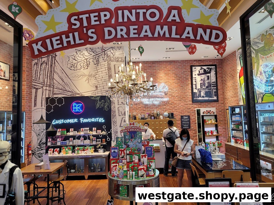 The vibrant interior of Kiehl's Westgate, featuring product displays, customers, and festive 'Dreamland' decor.