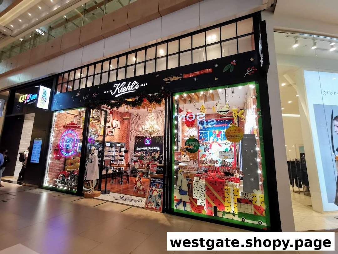Kiehl's Westgate shop front with festive holiday decorations and visible interior displays.