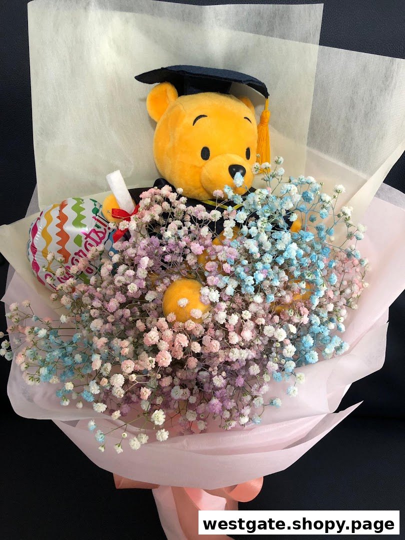 A vibrant graduation bouquet featuring a Winnie the Pooh plush, colorful baby's breath, and a 'Congrats!' balloon.