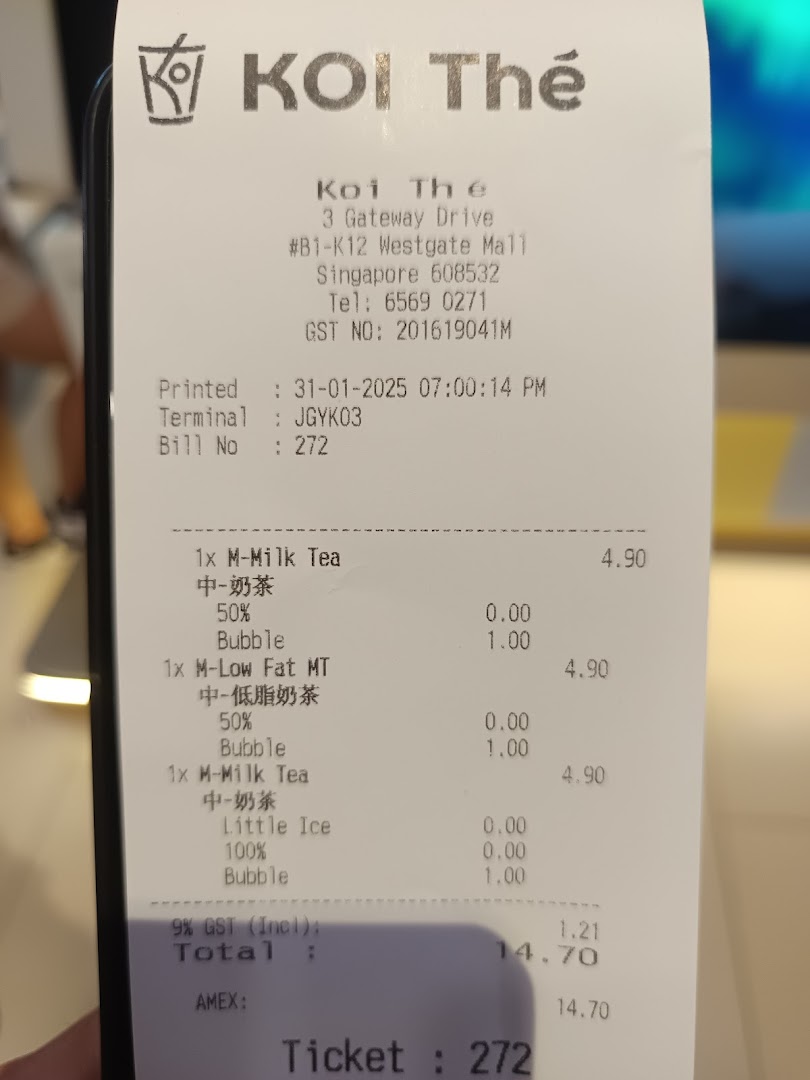 A detailed receipt from KOI Thé Westgate Mall showing multiple bubble tea purchases and total cost.