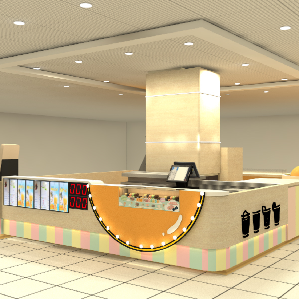 A vibrant, modern bubble tea and dessert kiosk with colorful accents and digital displays.