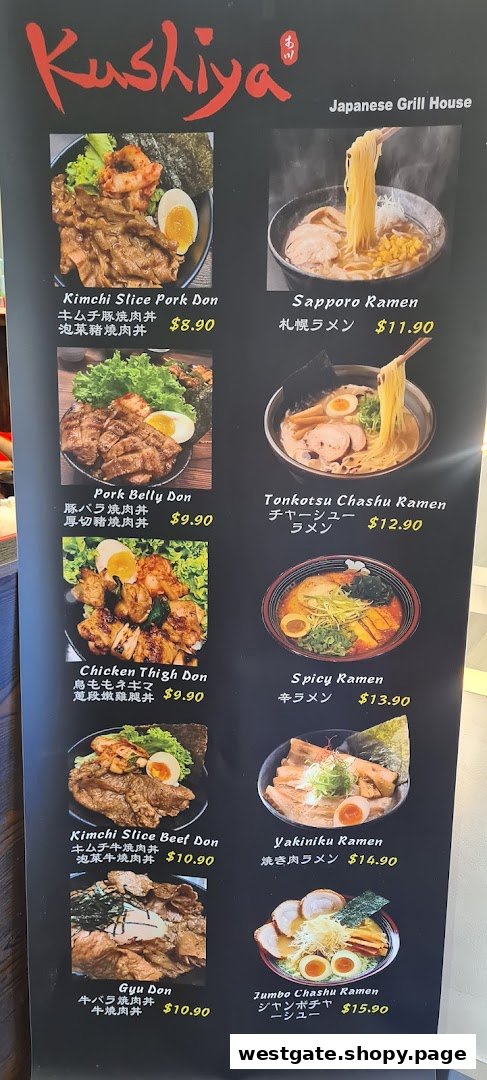 A menu board displaying various Japanese grill house rice bowls and ramen dishes with prices.