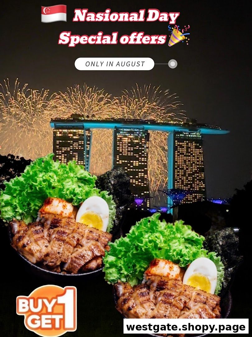 Two Japanese grilled meat bowls with sides, advertised with a National Day Buy 1 Get 1 offer.