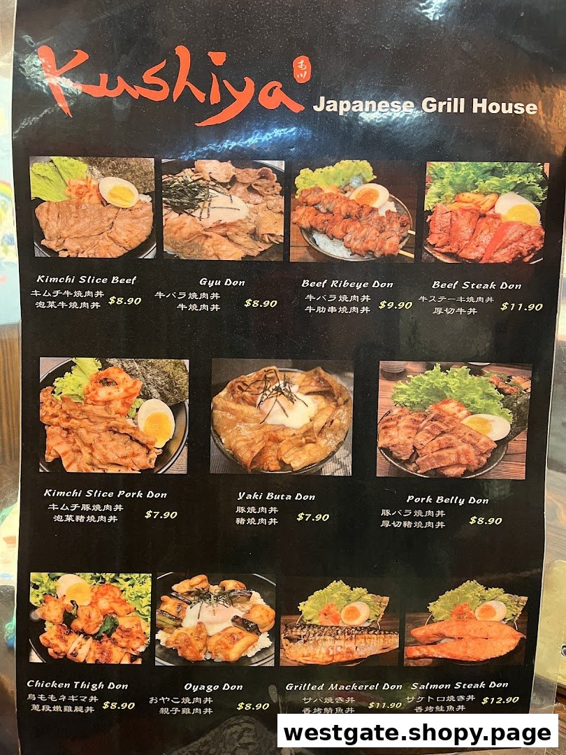 A detailed menu from Kushiya Japanese Grill House featuring various Donburi (rice bowl) dishes.