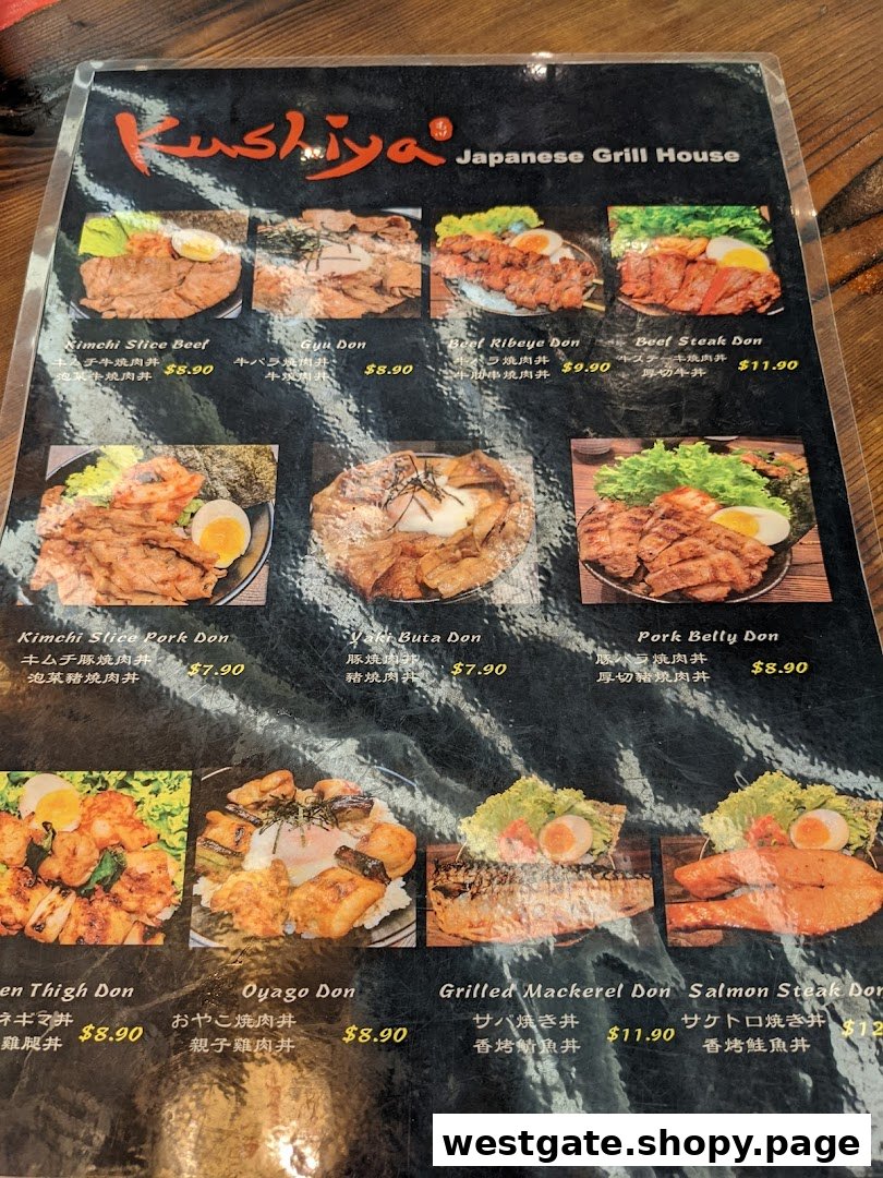 A detailed menu from Kushiya Japanese Grill House, showcasing various Donburi (rice bowl) dishes with prices.