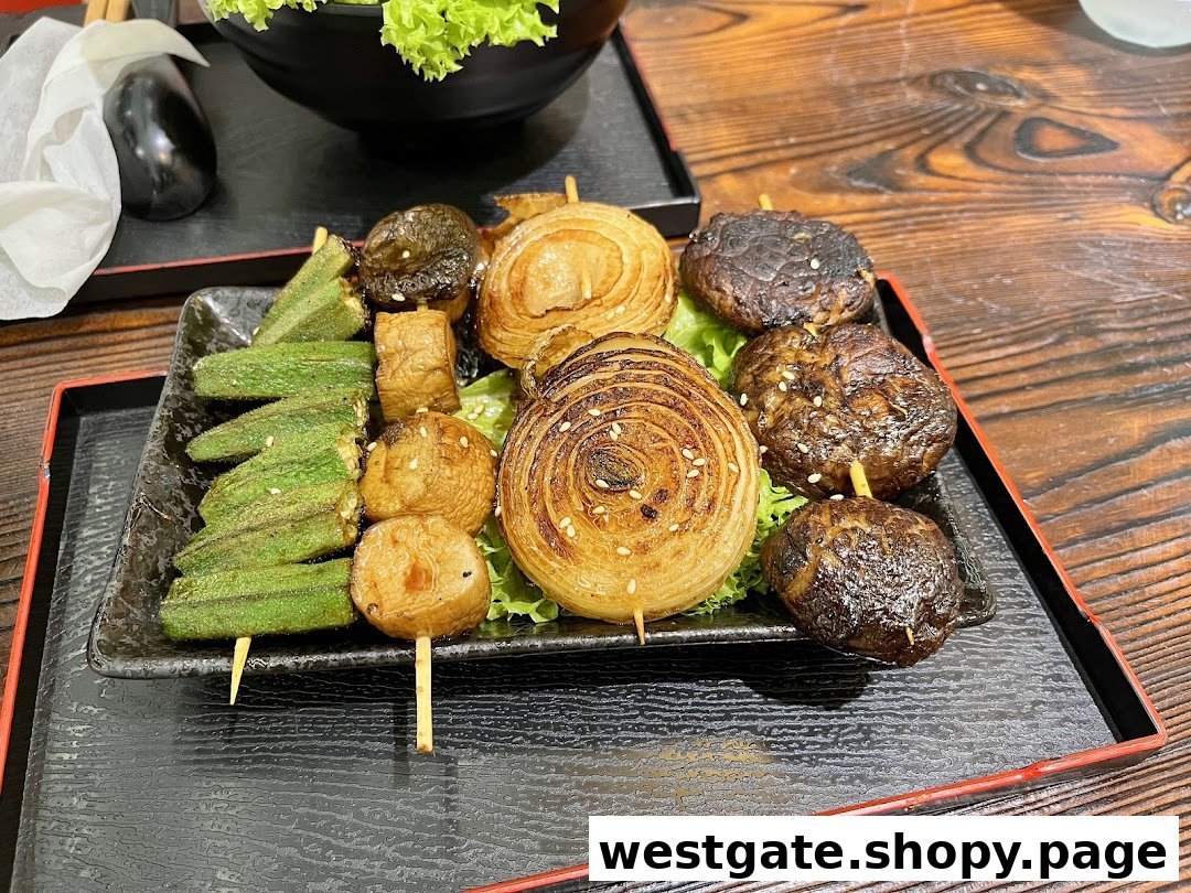 A plate of assorted grilled vegetables on skewers, including okra, mushrooms, and onions, from Kushiya Japanese Grill House.