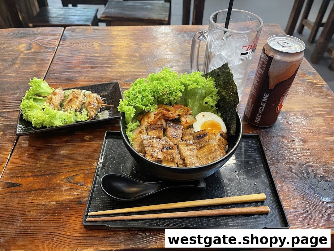 A delicious Japanese grilled pork bowl with kimchi, egg, and a side of skewers on a rustic wooden table.