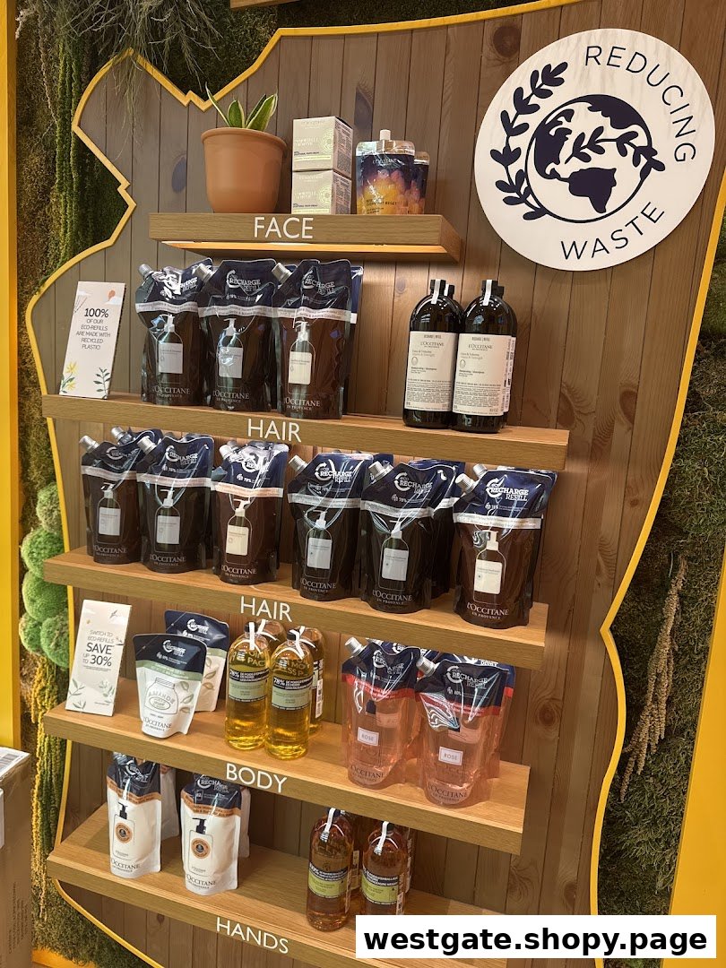 A L'Occitane display showcasing eco-refill products for face, hair, body, and hands, promoting waste reduction.