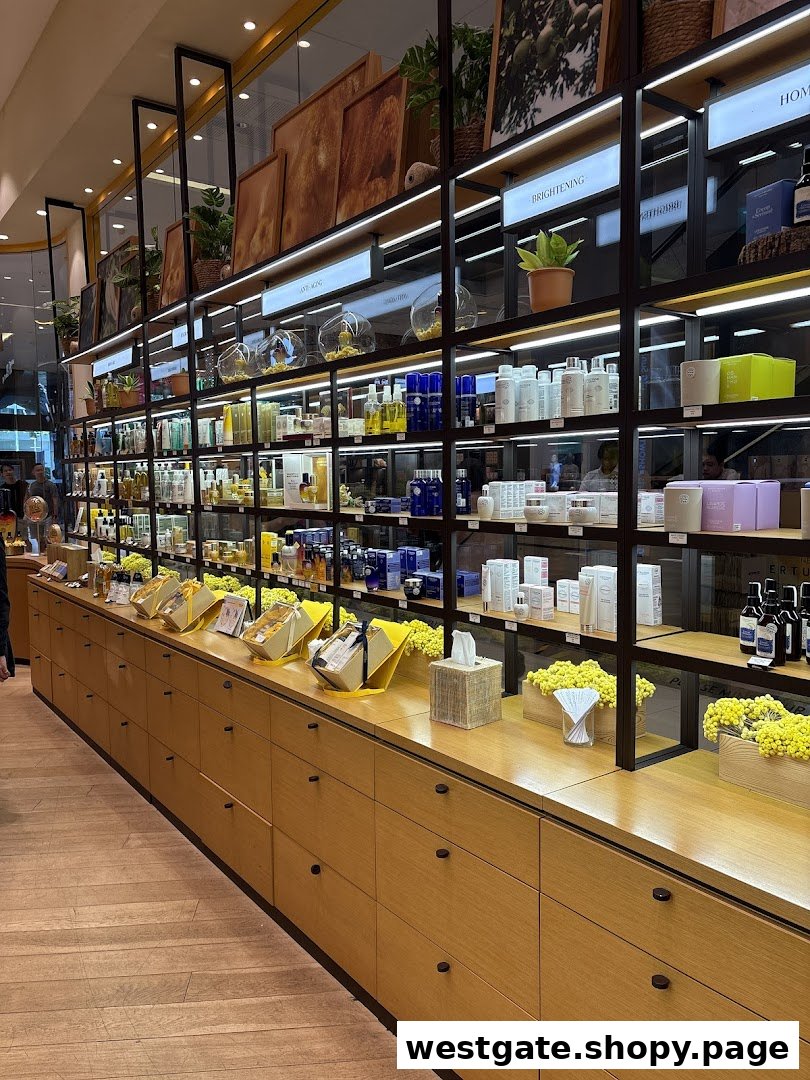 An interior view of L'Occitane, showcasing a wide array of skincare and beauty products on well-lit shelves.