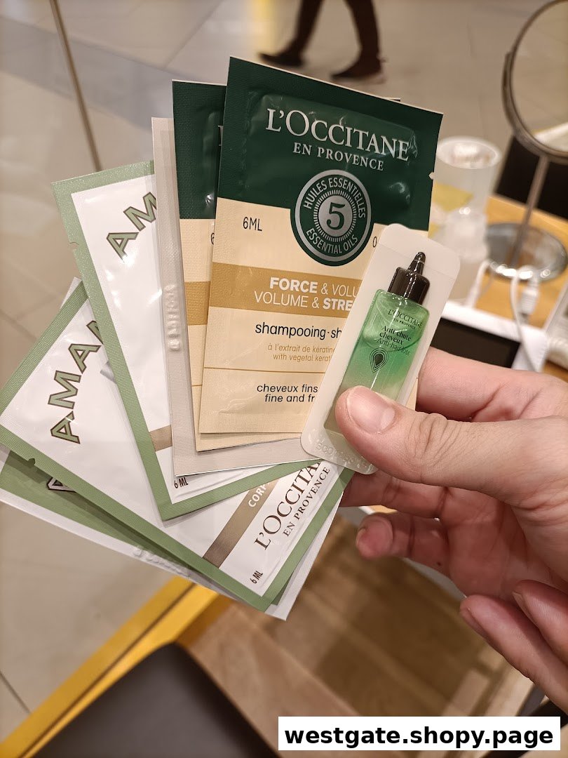 A hand holds various L'Occitane product samples, including shampoo and anti-hair loss treatments.