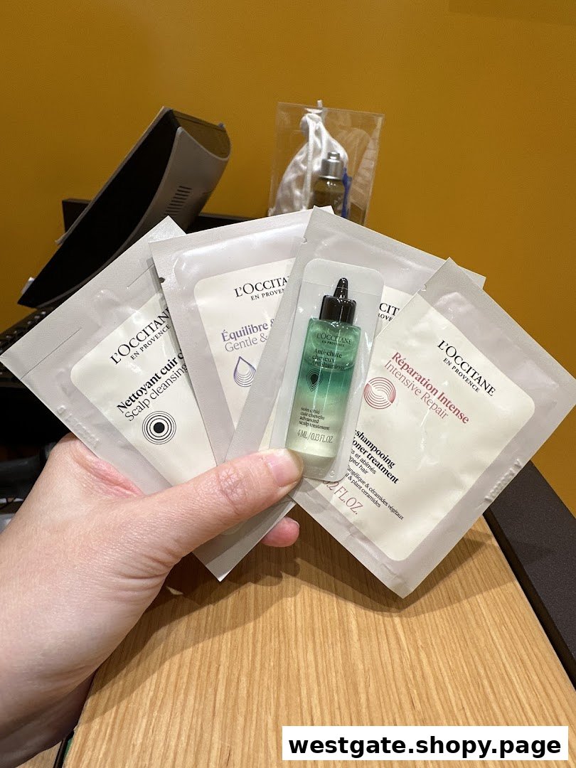 A hand holds various L'Occitane hair care product samples, including scalp cleansing and intensive repair.