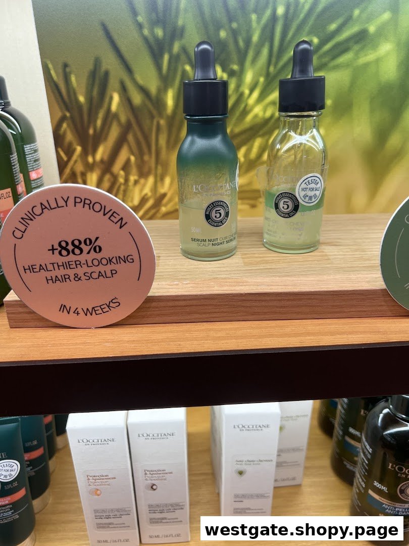 Close-up of L'Occitane hair and scalp care products on display, featuring a night serum and clinical results.