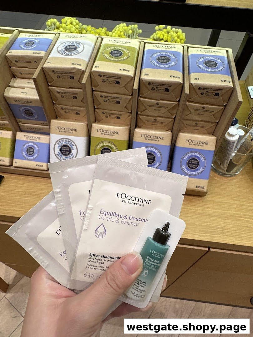 A hand holds L'Occitane product samples in front of a display of boxed soaps.