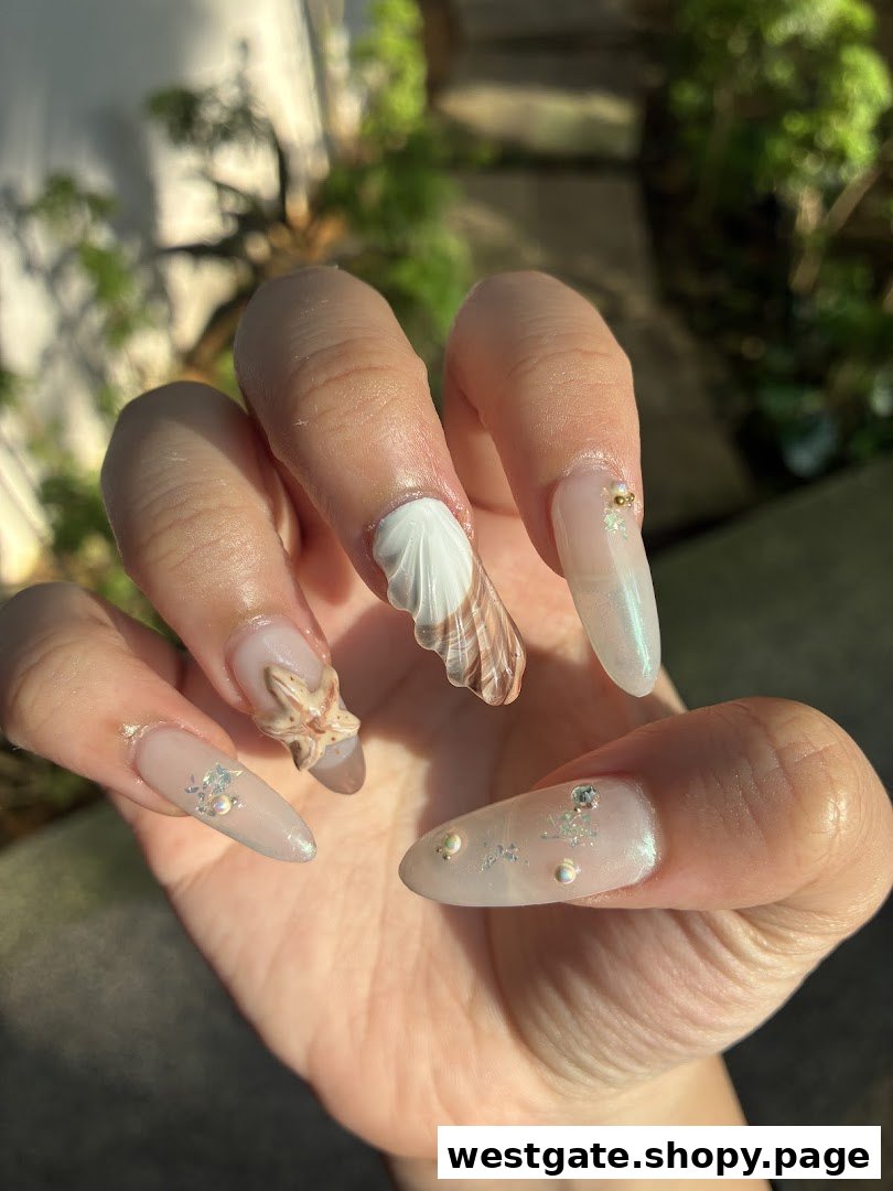 Close-up of a hand showcasing long, intricately designed nails with seashell and starfish embellishments.
