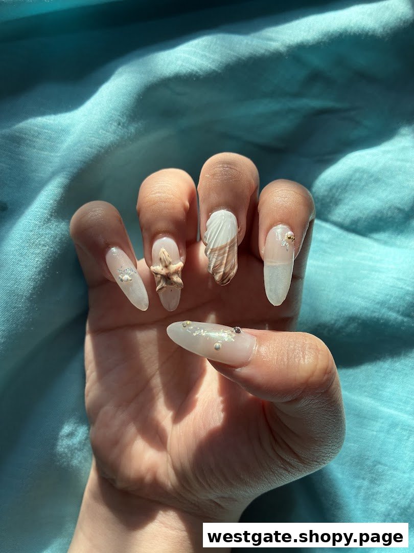 Close-up of a hand showcasing intricate nail art with seashell and starfish designs.