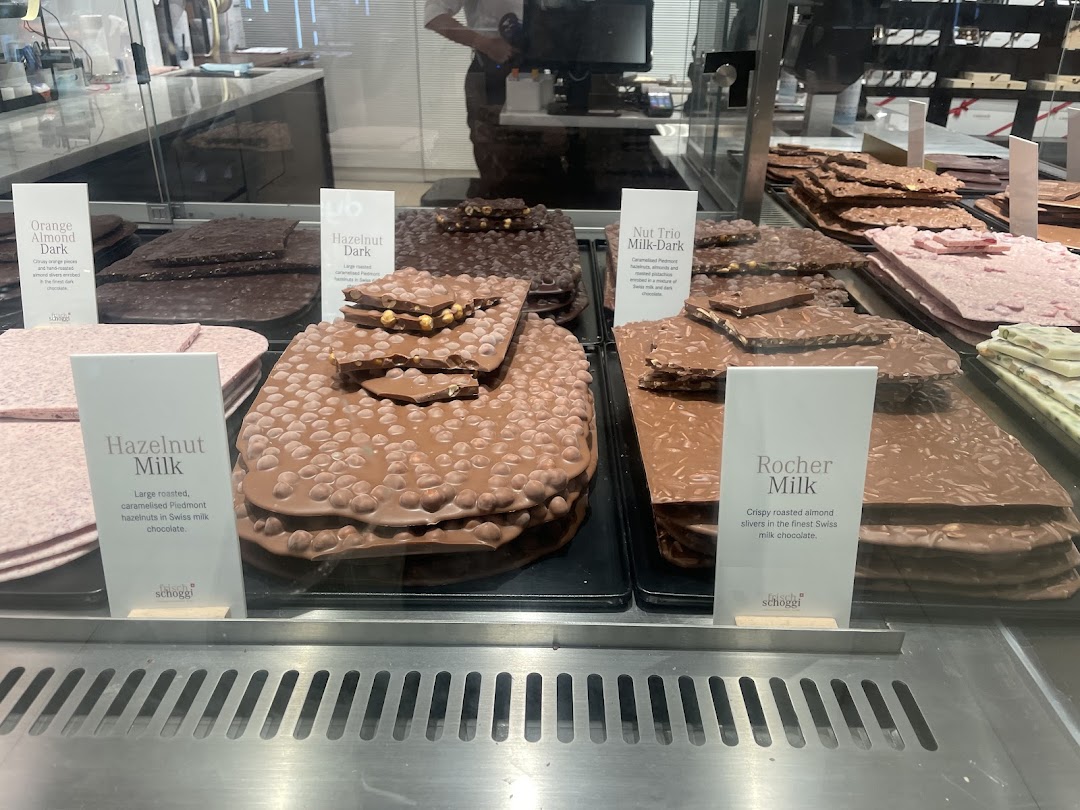 A display case filled with various large chocolate slabs, including hazelnut, almond, and milk chocolate varieties.