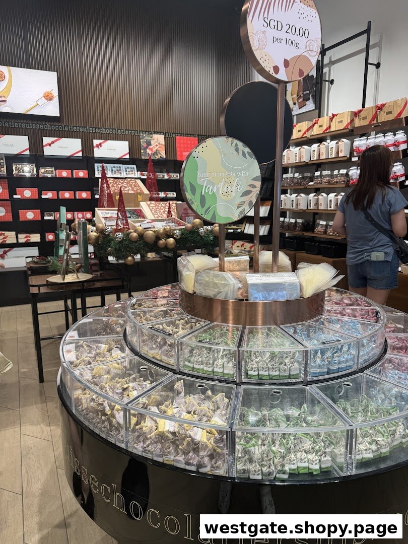 Interior view of a Läderach chocolate shop featuring a large circular display of assorted chocolates.