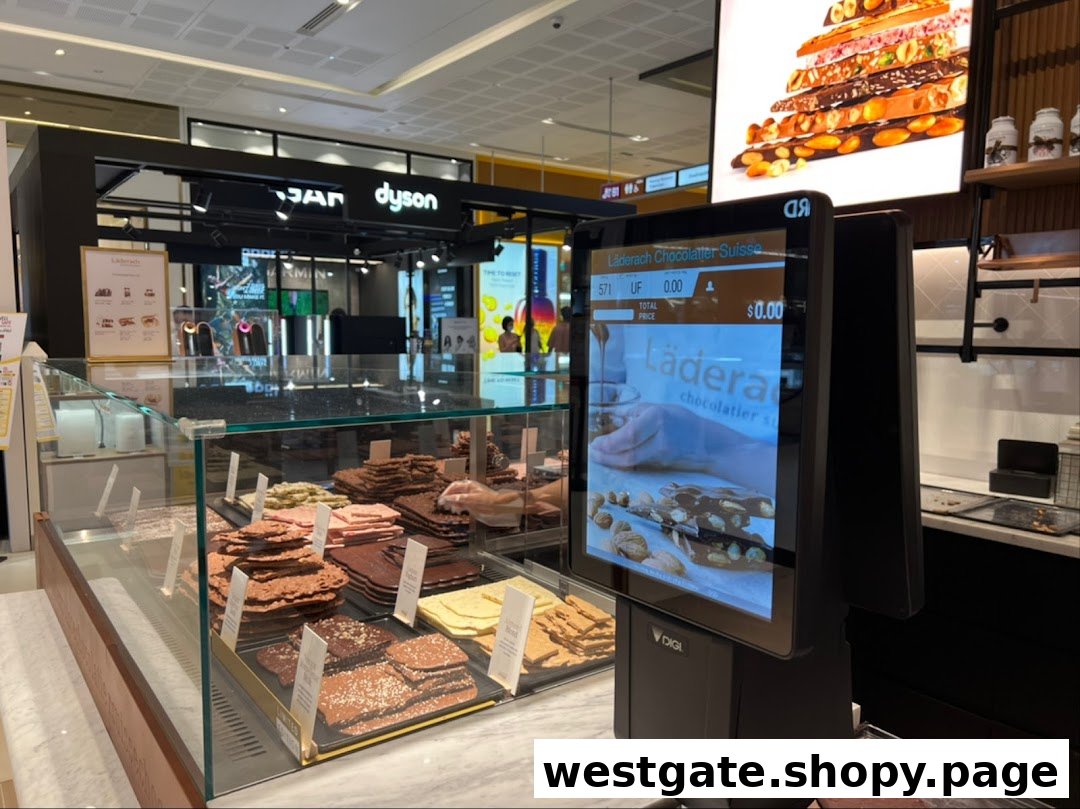 A display counter at Läderach Chocolatier Suisse, showcasing various fresh chocolate slabs and pralines.