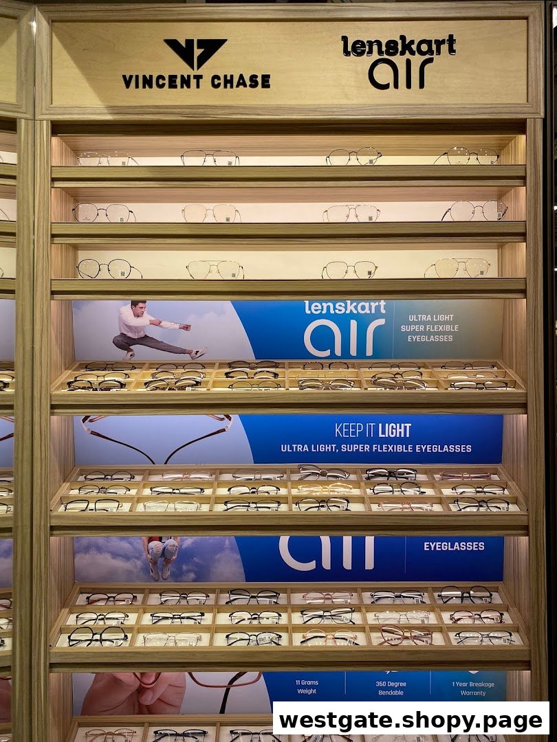 A well-lit display showcasing various eyeglasses and frames from Lenskart and Vincent Chase brands.