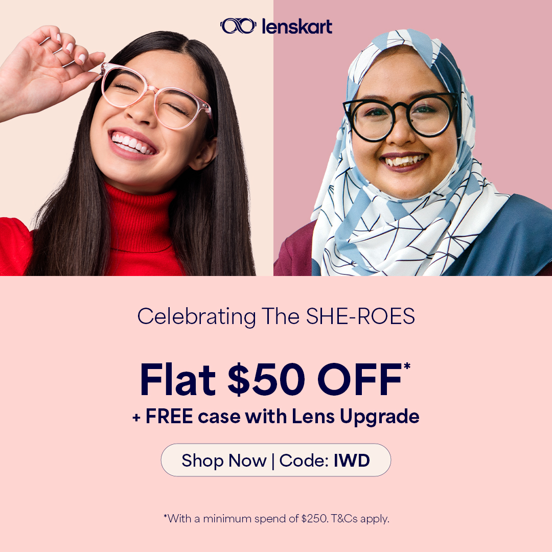 An advertisement featuring two women wearing Lenskart glasses and promoting a $50 off offer.
