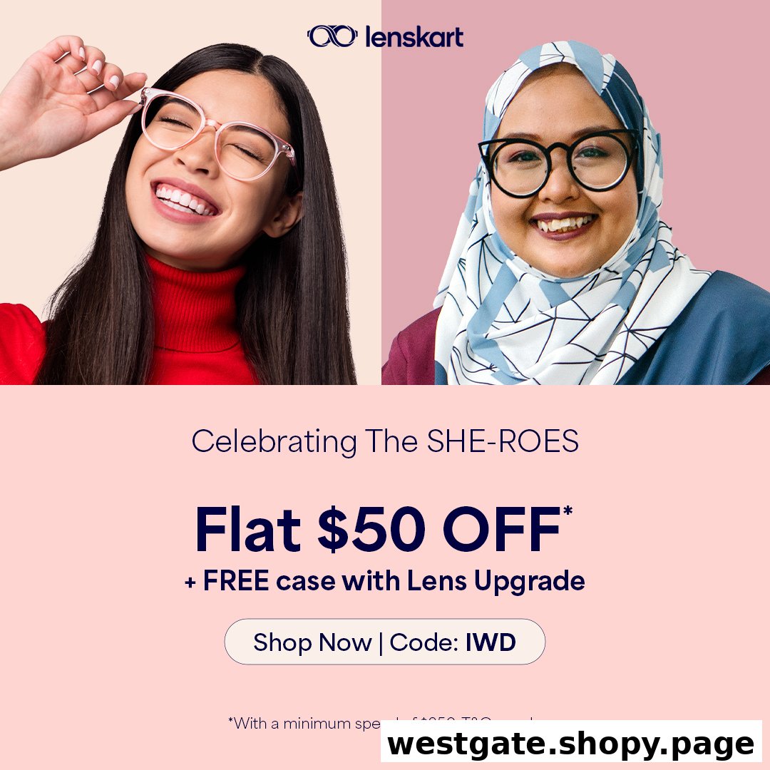 An advertisement featuring two women wearing Lenskart glasses and promoting a $50 off offer.