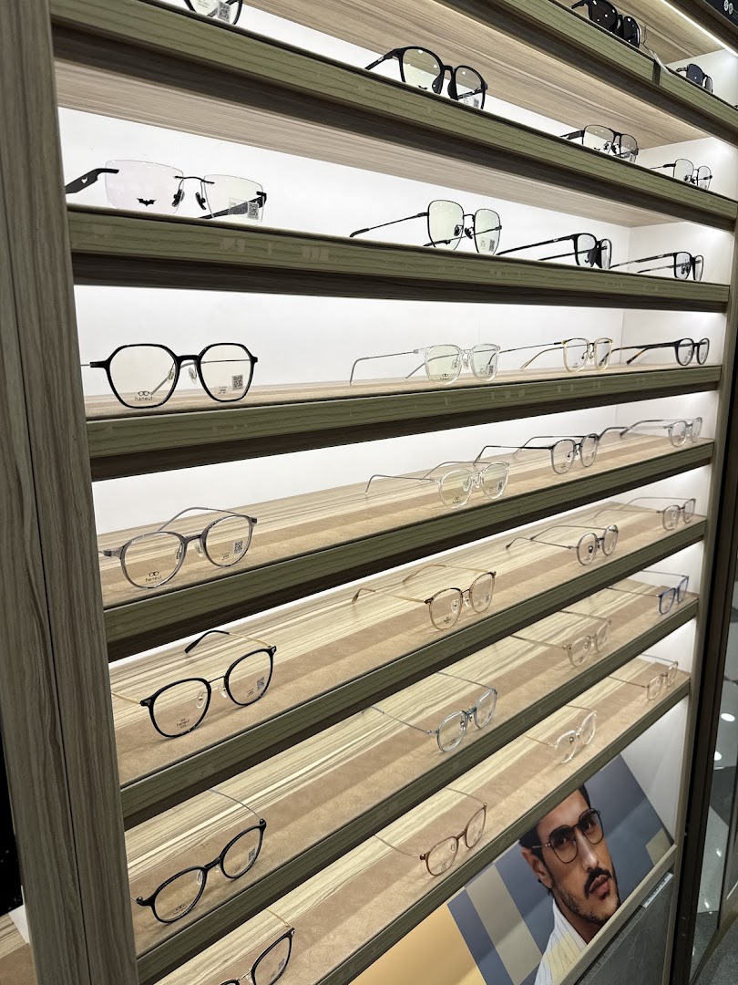 A well-lit display wall showcasing a wide variety of stylish eyeglasses and frames at Lenskart.