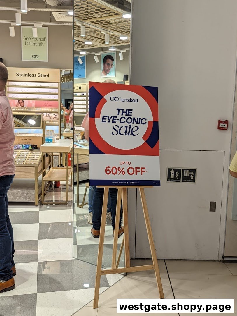 Lenskart store entrance featuring an 'Eye-Conic Sale' sign offering up to 60% off eyewear.