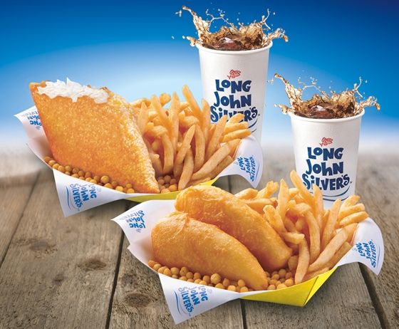 Two classic Long John Silver's meals featuring golden-fried seafood, crispy fries, and refreshing drinks.