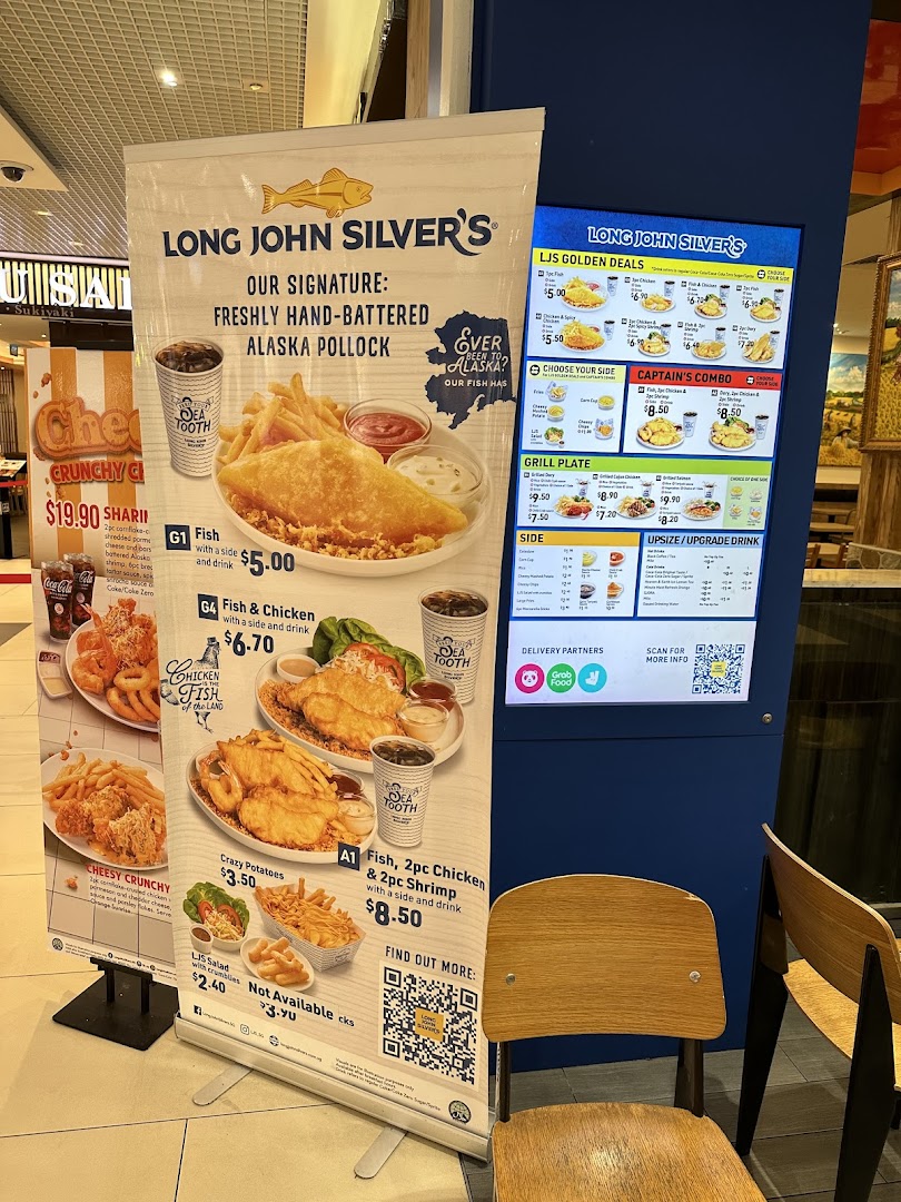 A large banner and digital screen display Long John Silver's menu items, prices, and special deals.