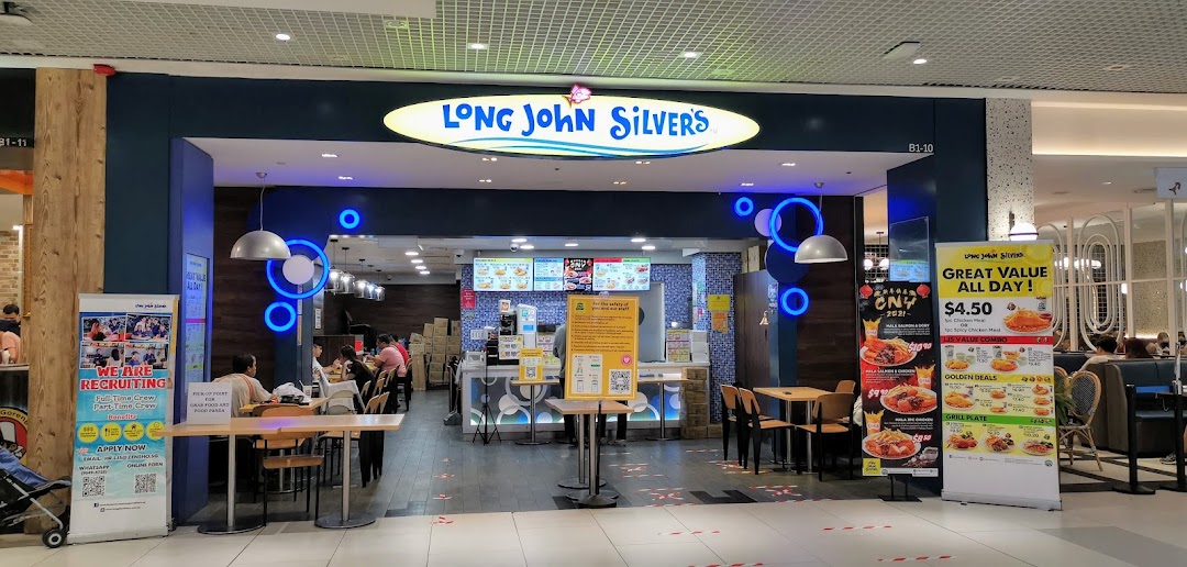 The vibrant blue and yellow shopfront of Long John Silver's, featuring its iconic logo and inviting interior.