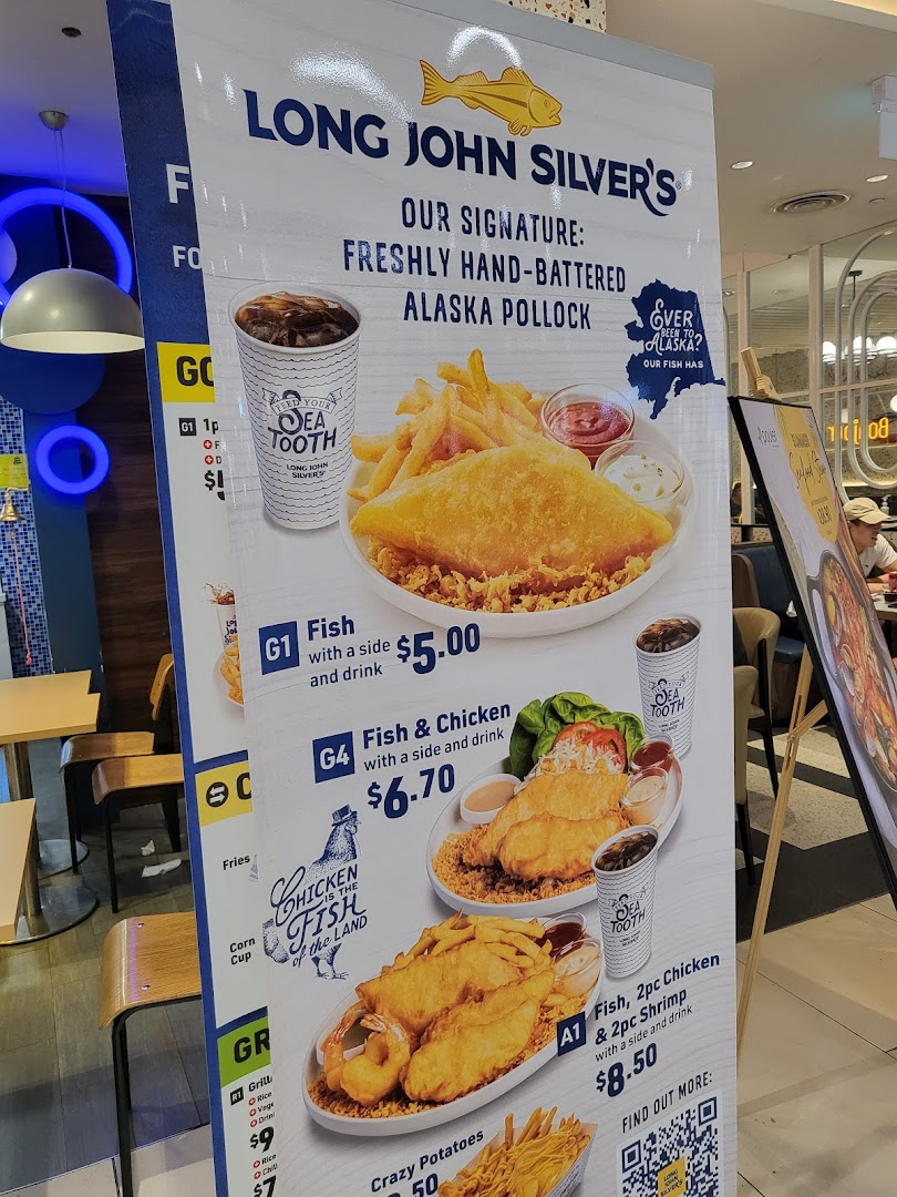 A large promotional menu board for Long John Silver's, featuring various fish and chicken meals.
