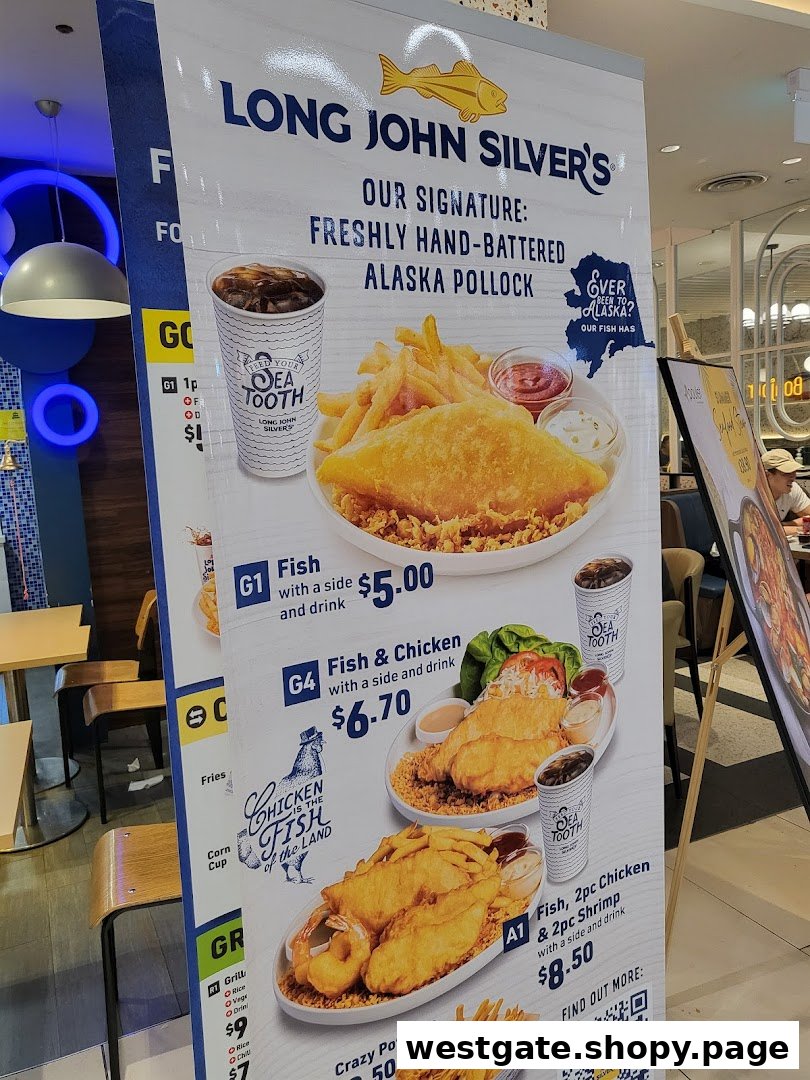 A large promotional menu board for Long John Silver's, featuring various fish and chicken meals.