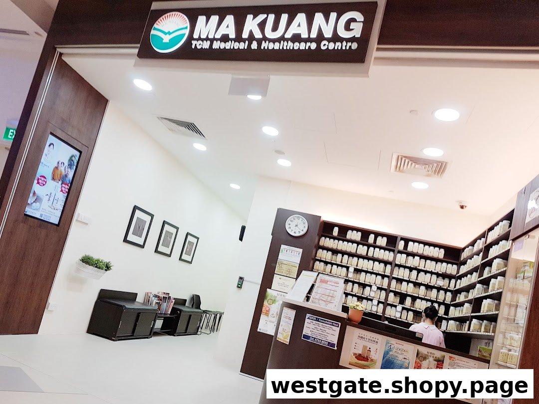 The entrance and interior of Ma Kuang TCM Clinic, featuring a reception desk and waiting area.