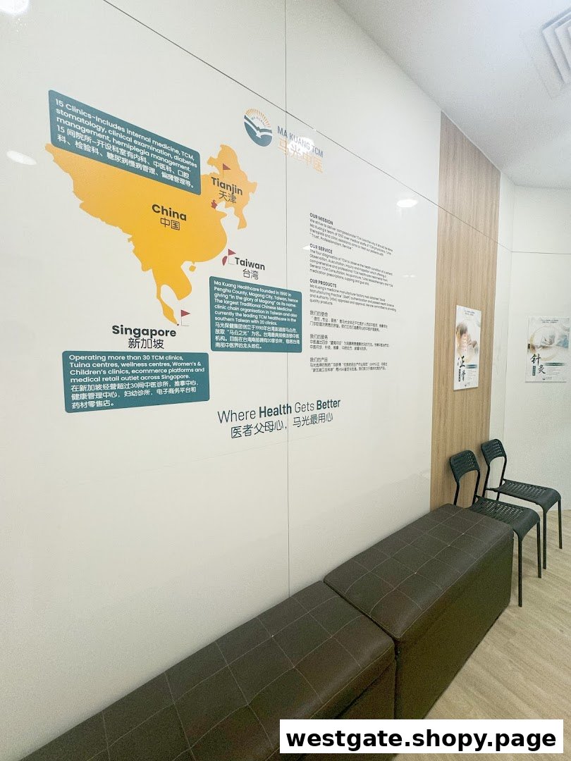 Interior view of Ma Kuang TCM Clinic, featuring informational wall graphics and a waiting area.