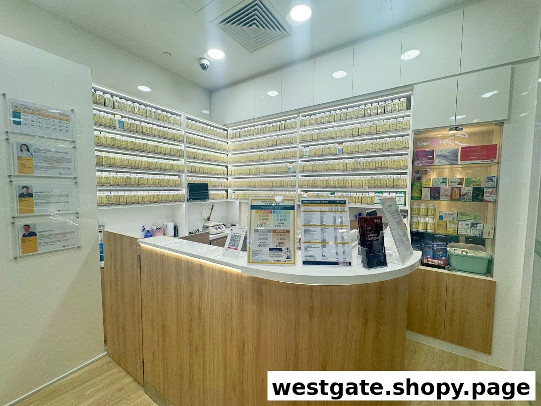 Interior view of Ma Kuang TCM Clinic, featuring the reception counter and extensive shelves of traditional Chinese medicine products.