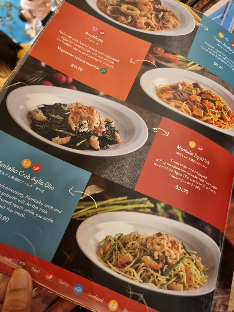 A close-up of a menu page showcasing various pasta dishes with descriptions and prices.