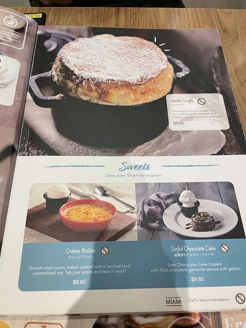A menu page from Miam Miam showcasing a selection of tempting French and Japanese-inspired desserts.