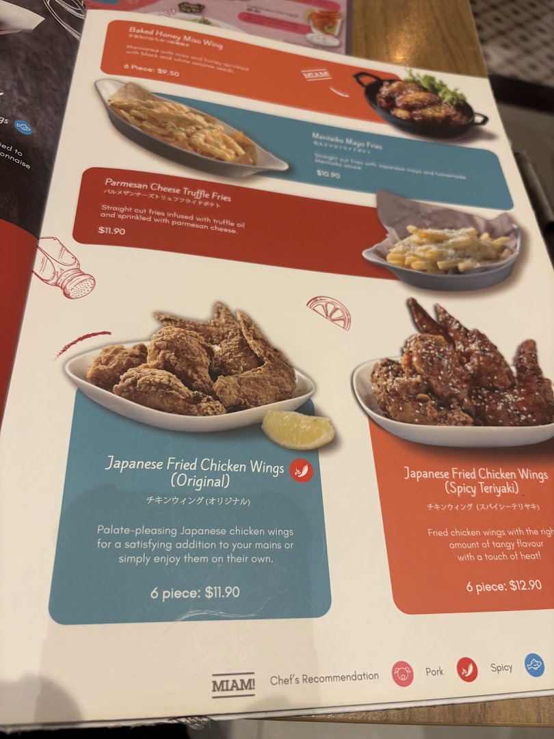 A menu page from Miam Miam French Japanese Cafe Kitchen, showcasing various fried chicken and fries.