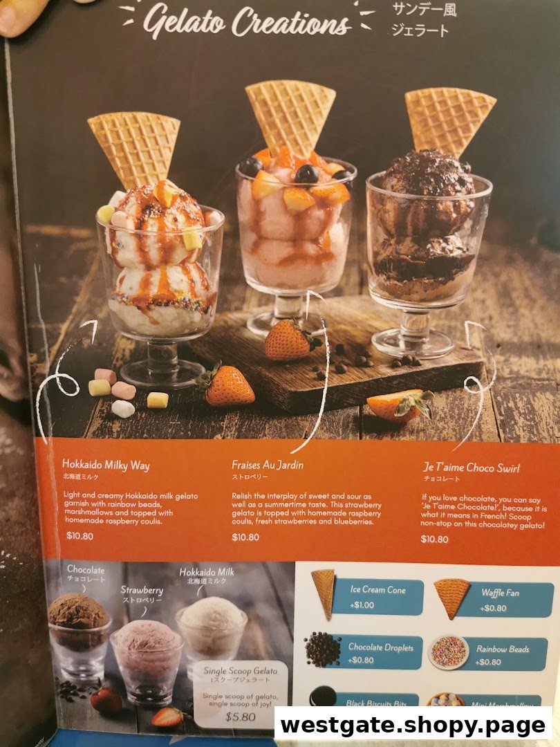 A vibrant menu page showcasing various gelato creations and single scoop options with prices.