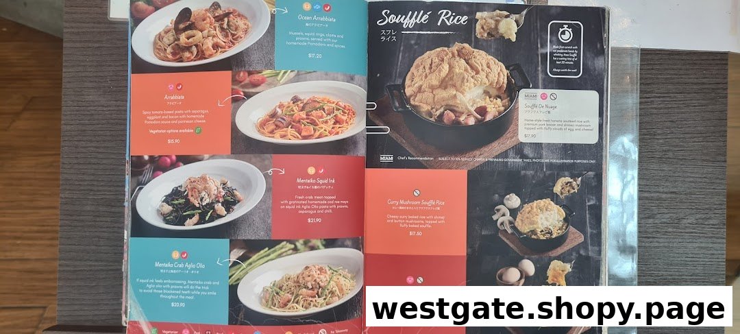 A menu displaying various pasta and soufflé rice dishes with descriptions and prices.