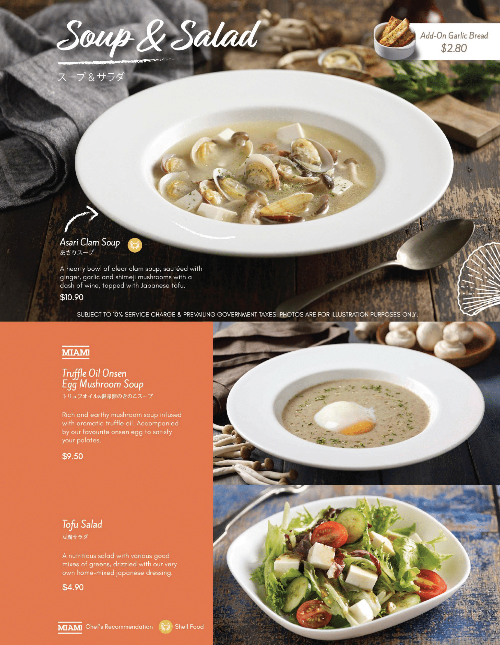 A menu page showcasing various French-Japanese inspired soup and salad options with prices.