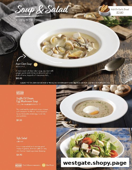 A menu page showcasing various French-Japanese inspired soup and salad options with prices.