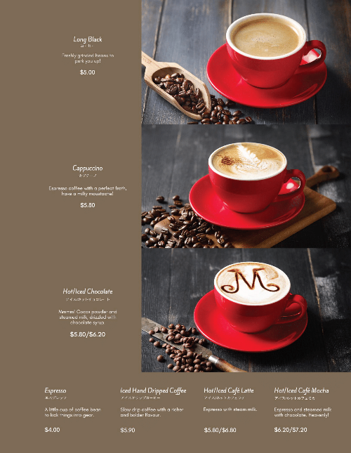A menu page showcasing various coffee and chocolate beverages with prices and descriptions.
