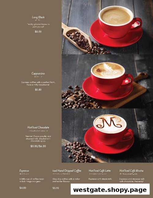 A menu page showcasing various coffee and chocolate beverages with prices and descriptions.