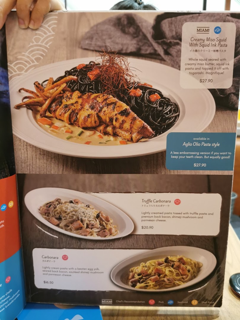 A menu page from Miam Miam French Japanese Cafe Kitchen showcasing various pasta dishes.