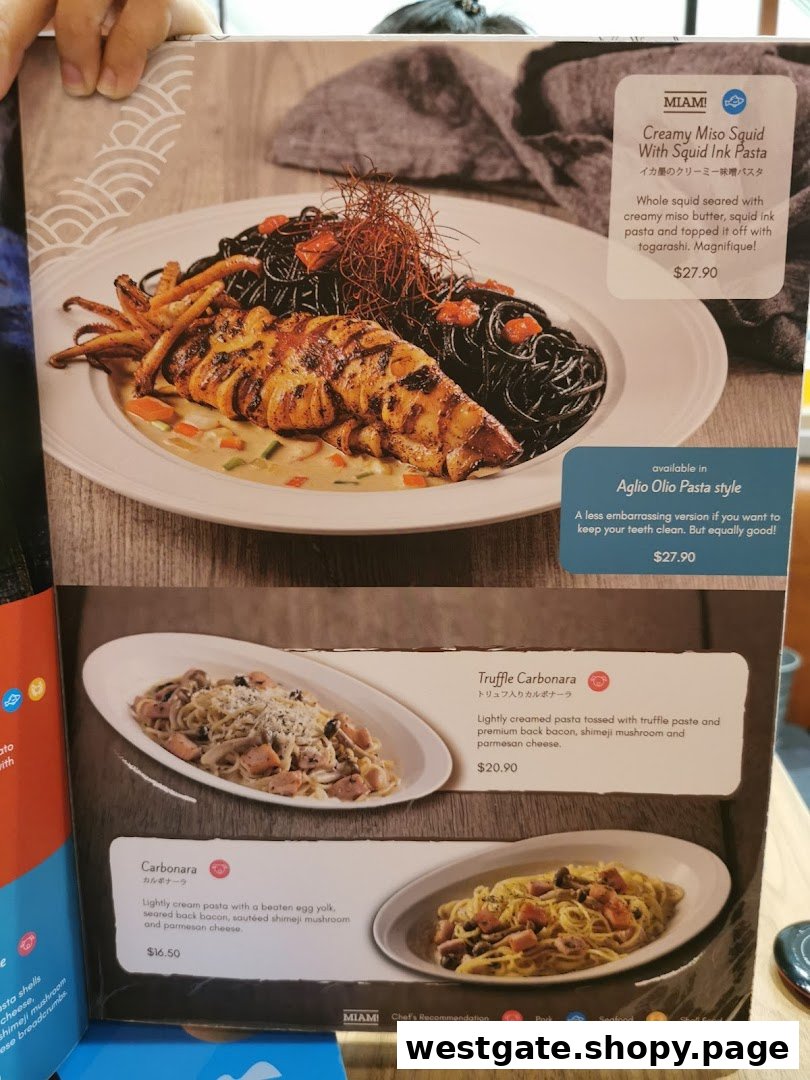 A menu page from Miam Miam French Japanese Cafe Kitchen showcasing various pasta dishes.
